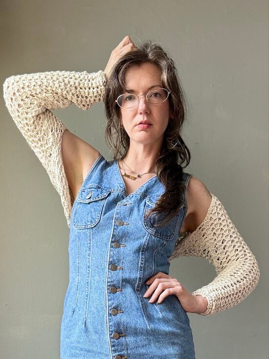 Vintage Sweaters - Vintage 90s Crochet Shrug Sweater | Cream Open Weave Knit Bolero | M